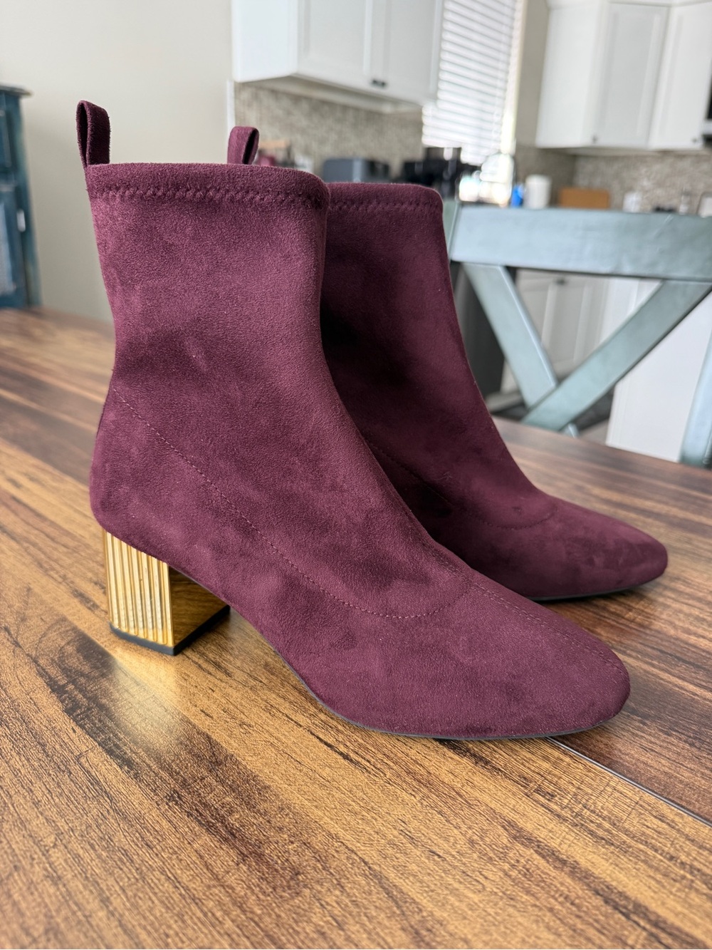 Michael Kors Burgundy Suede Ankle Booties with Gold Block Heel